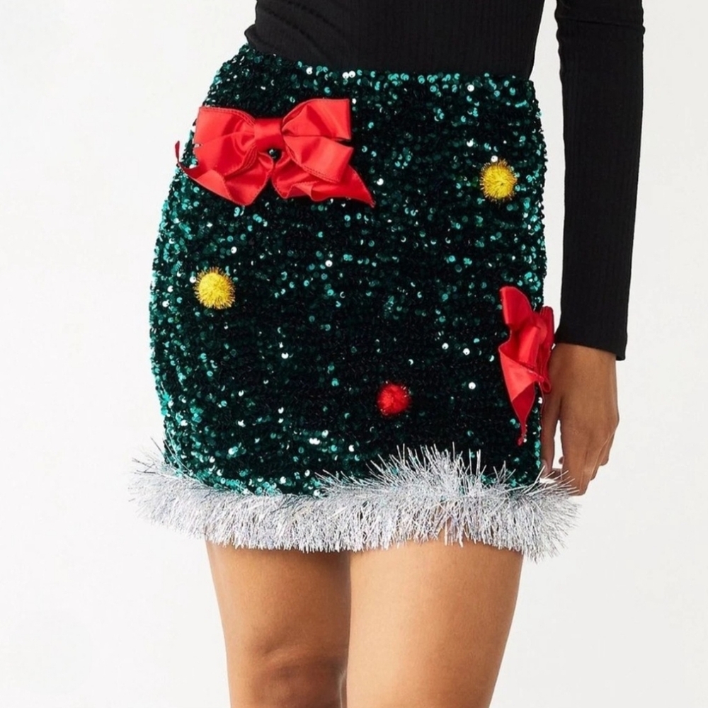 Ugly Christmas Mini Skirt Green Sequins Tinsel Festive Holiday Party Small